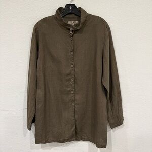 FLAX by Jeanne Englehart Brown Linen Band Collar Button Up Shirt Medium